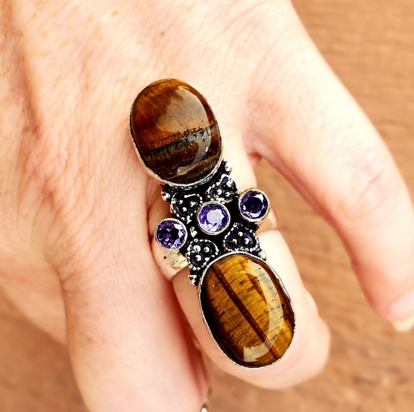 New Stunning Oversized Tiger Eye and Amethyst 925 Silver Statement Ring. - Picture 7 of 16